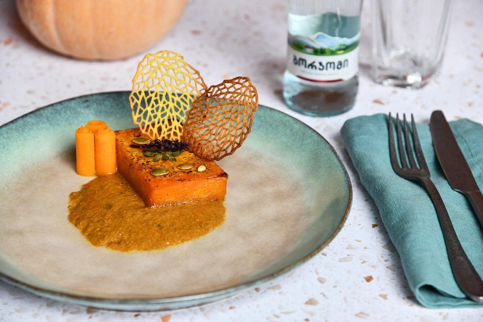 Pumpkin steak with pumpkin seed Kharcho and pumpkin Mchadi