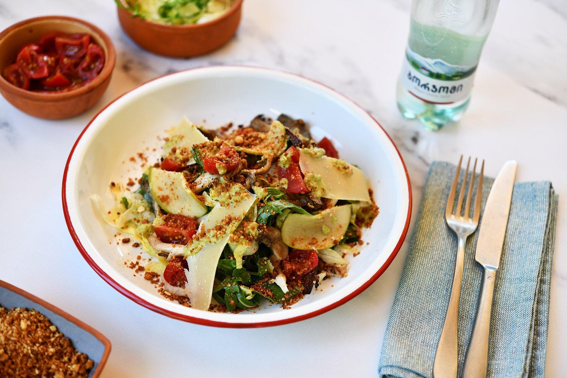 Oyster mushroom salad with green apple and cherry tomato marinade