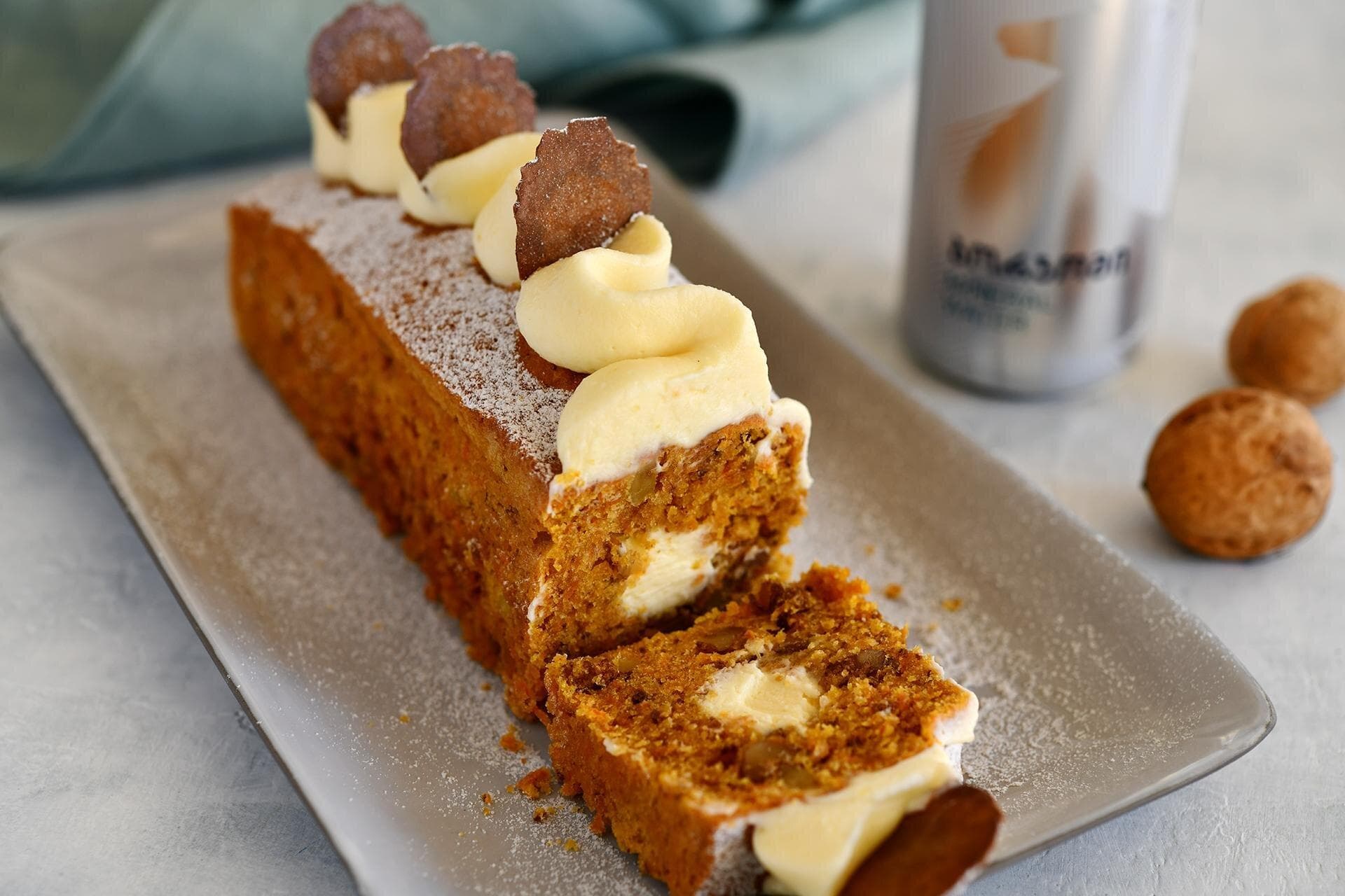 French carrot cake with cheese cream and extracted  vanilla ganache 